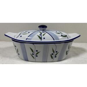 Cook Street Butter Boat Dish Blue Stripe Floral Ceramic 3-Piece Set